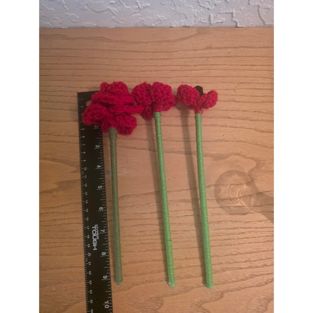 Handmade Crochet Flower Bouquet Red Rose and Poppies 3 Piece Set 9.5 Inch Stems